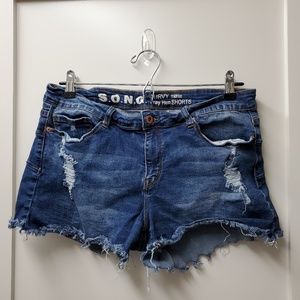 S.O.N.G. Curvy Midrise Frayed Hem Denim Shorts